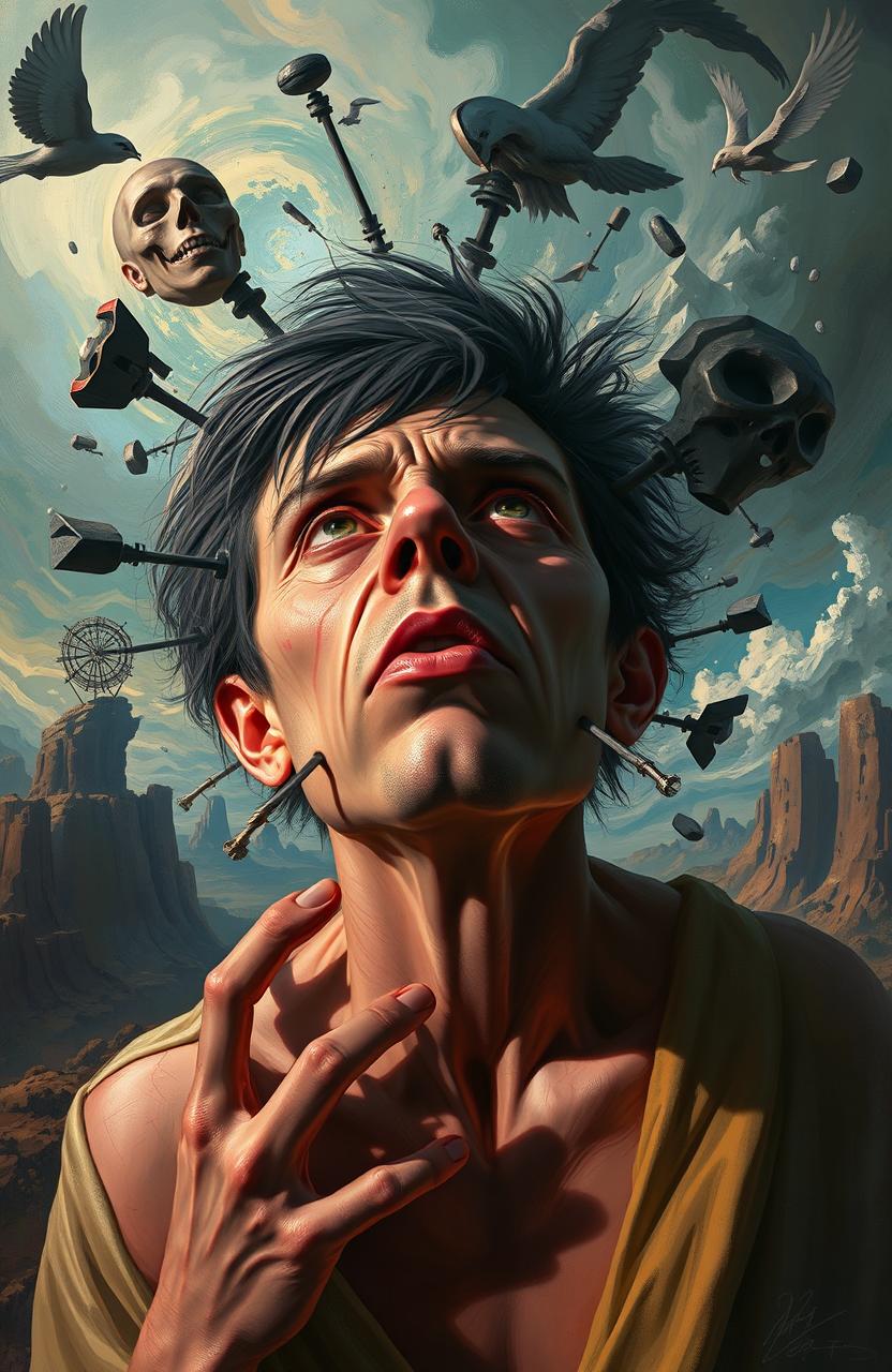 A visually striking digital painting illustrating a person experiencing a mentally absurd condition