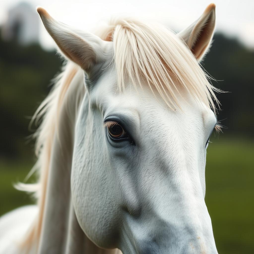 A close-up of a majestic white horse's head, looking to the left