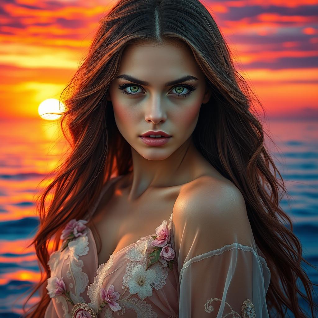 A portrait of a stunning young woman with striking features, showing an intense emotional expression, with long flowing hair colored in dark auburn