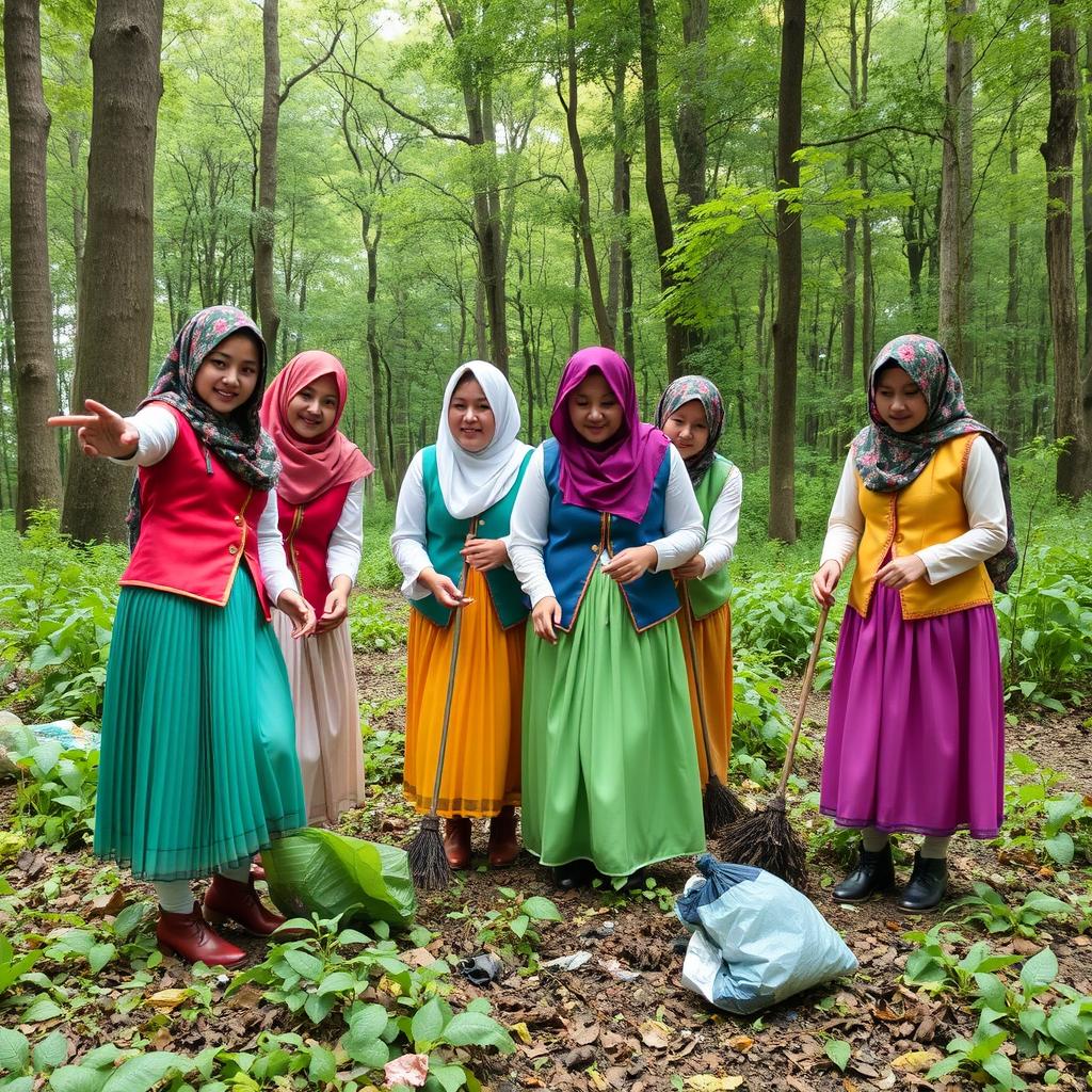 A group of people wearing traditional Gilan attire, including colorful pleated skirts, vibrant vests, satin blouses, floral headscarves, and traditional Gilan boots, actively engaged in collecting litter in the lush green forests of Gilan, Iran