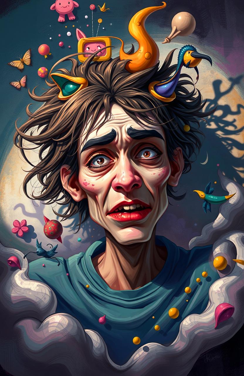 A beautiful digital painting illustrating a person in a mentally absurd condition, surrounded by surreal and dream-like elements that emphasize their mental state