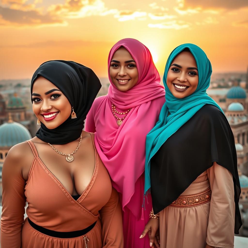 Three beautiful curvy women wearing colorful hijabs in black, pink, and turquoise, adorned with gold jewelry