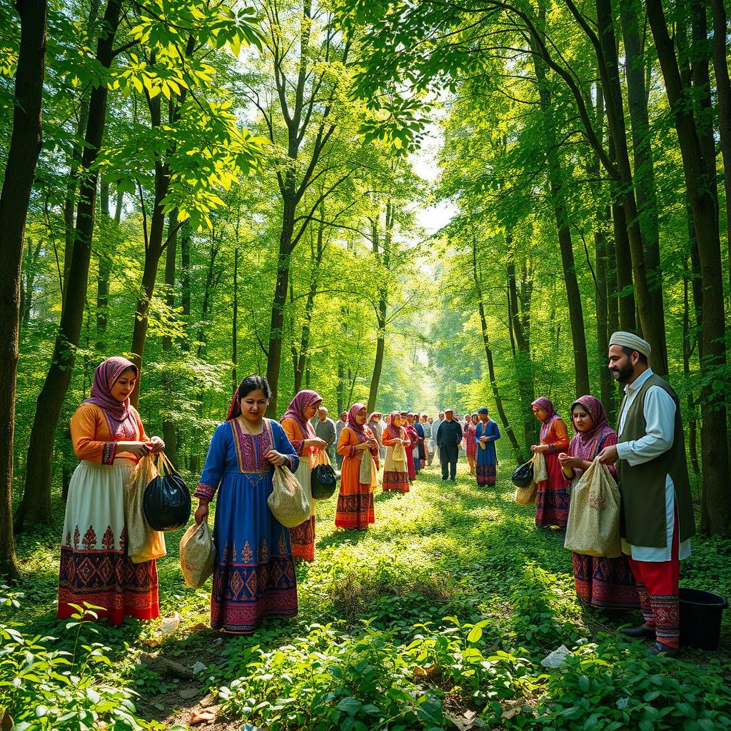 A vibrant scene depicting people in traditional Gilan attire, reminiscent of the provided sample, actively collecting litter in the lush green forests of Gilan, Iran