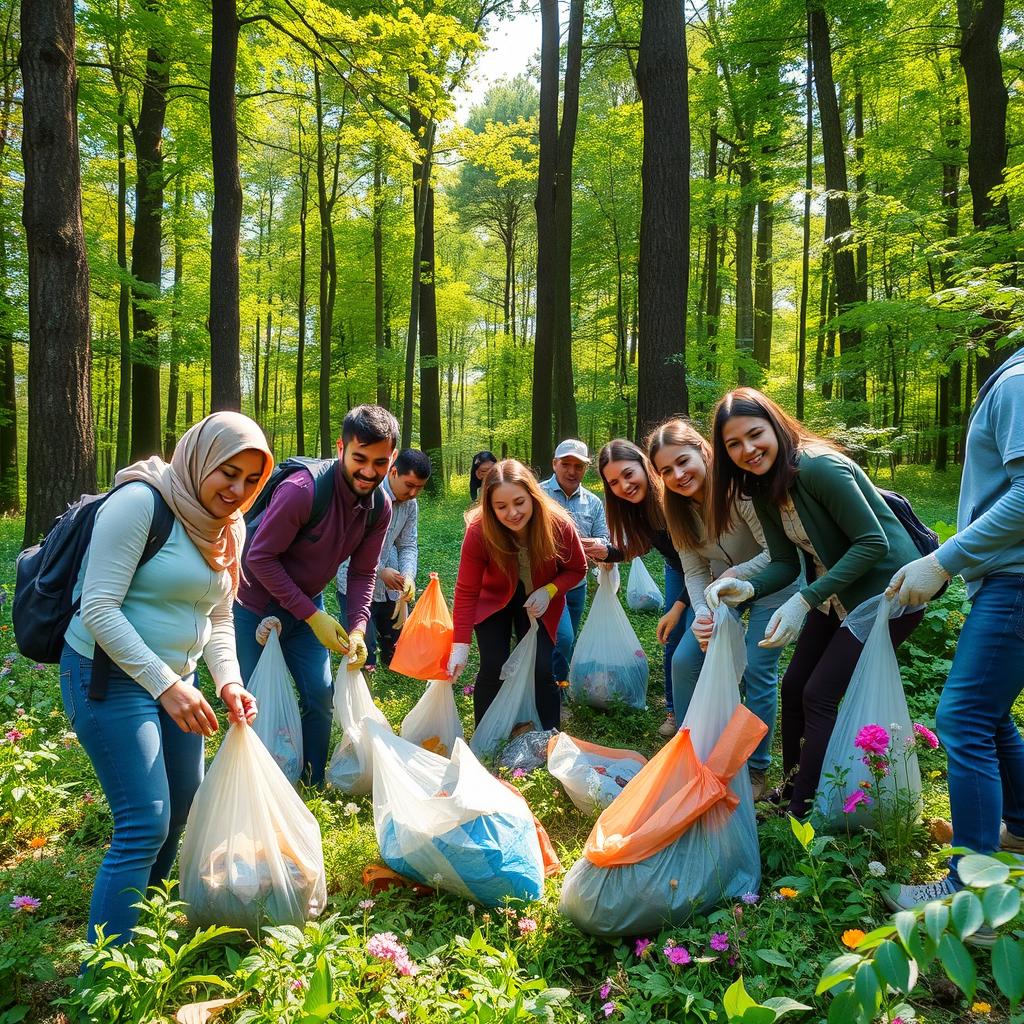 A vibrant scene of people collecting litter from the lush green forests of Gilan, Iran