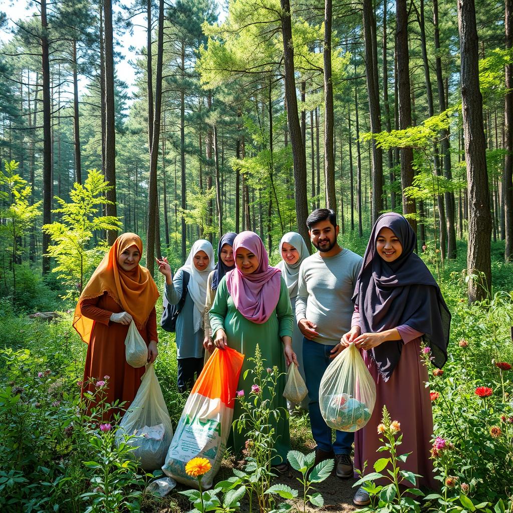 A lively scene depicting people wearing hijabs collecting litter in the pristine forests of northern Iran