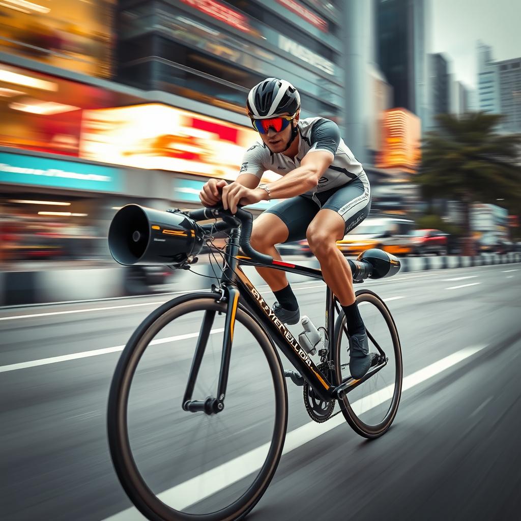 A cyclist gripping tightly onto their bike, which is equipped with jet turbines, soaring at high speed