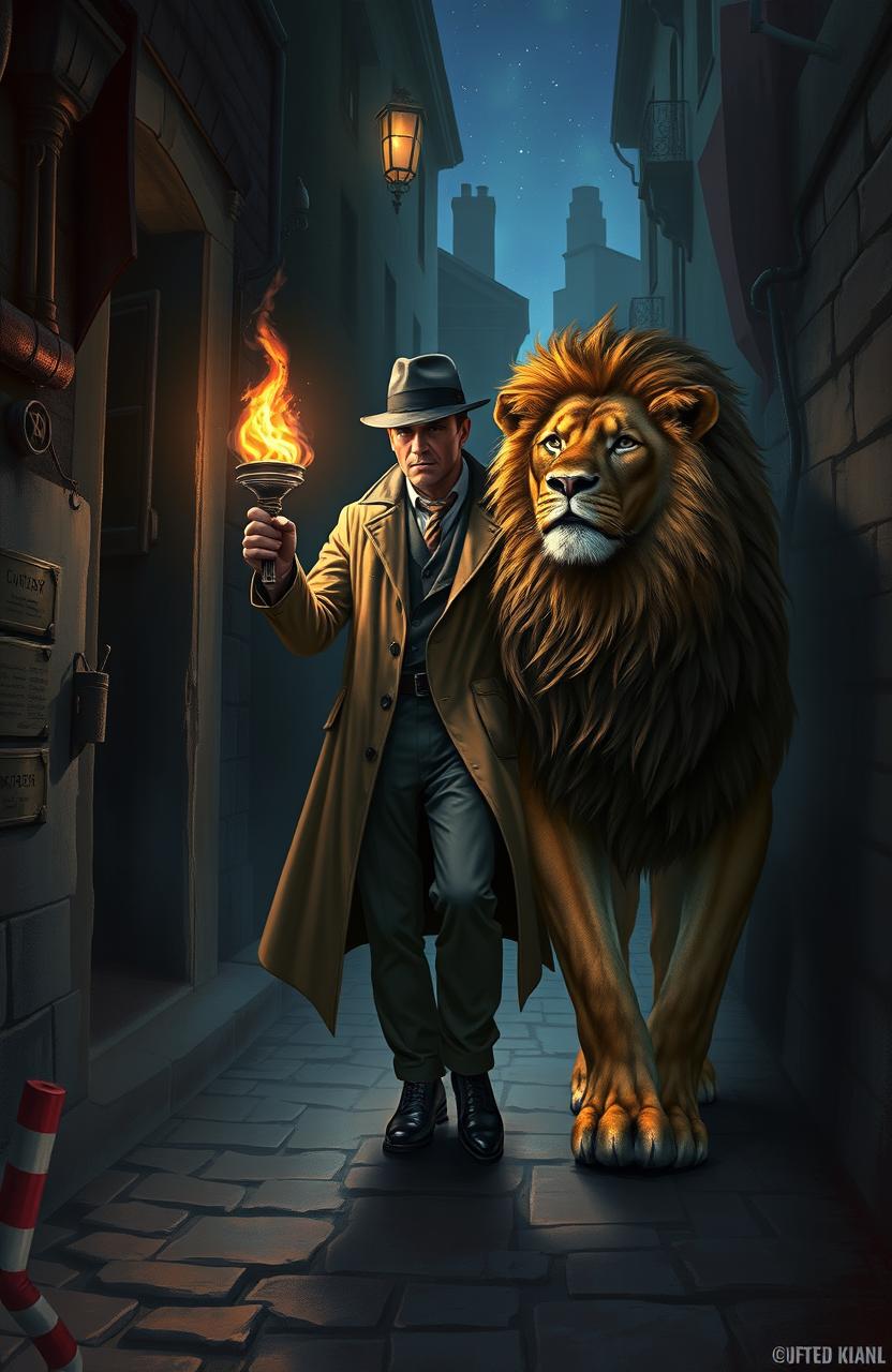 A stunning digital painting featuring a detective, dressed in a classic trench coat and fedora, emerging from a dark, mysterious den