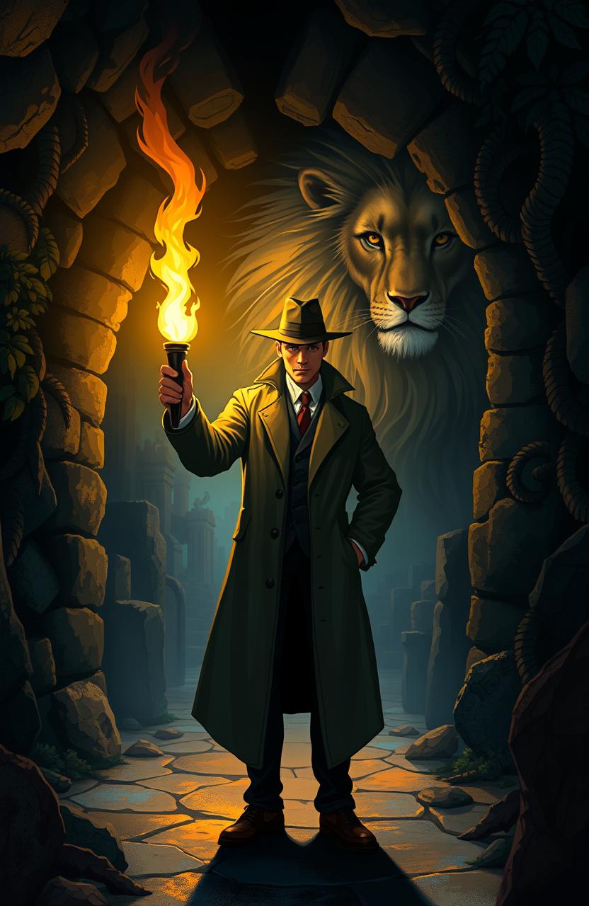 A stunning digital painting illustration featuring a detective with a stylized, classic look, wearing a trench coat and fedora, holding a glowing torch