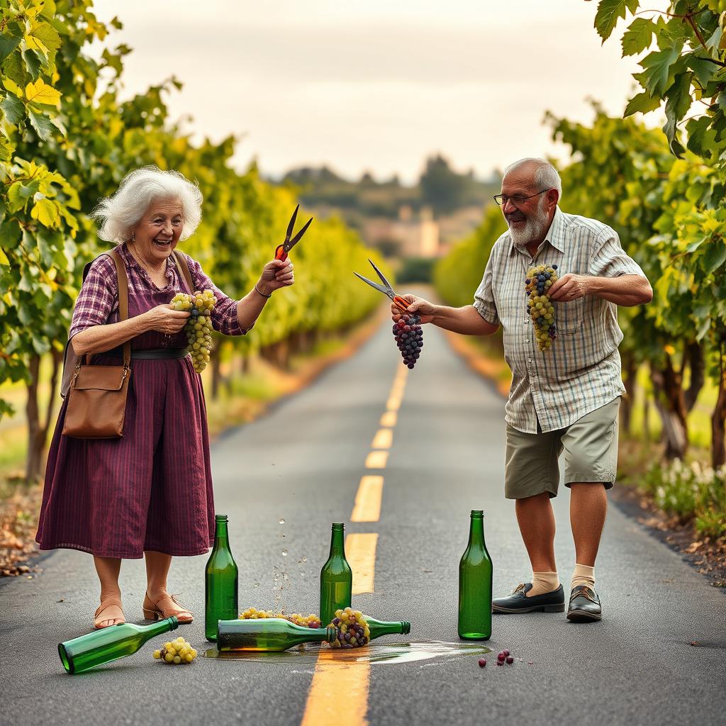 A professional photomontage of a sweet elderly couple, a grandmother and grandfather, joyfully picking grapes with scissors in the middle of a picturesque country road