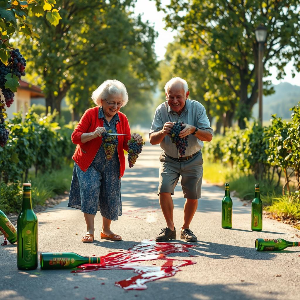 A heartwarming scene depicting an elderly couple, a grandmother and grandfather, happily gathering grape clusters with scissors in the middle of a picturesque rural road