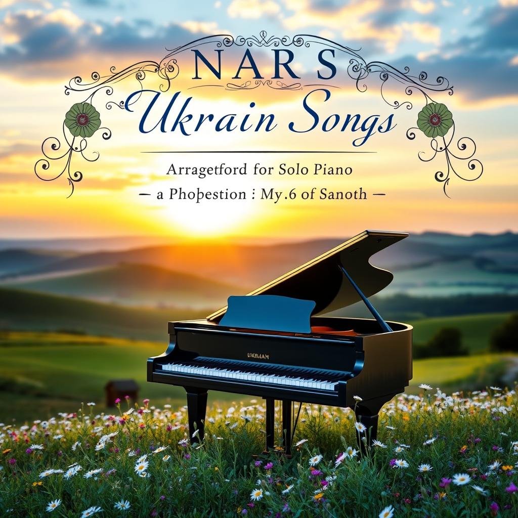 A beautiful and artistic cover design for a collection of Ukrainian songs arranged for solo piano