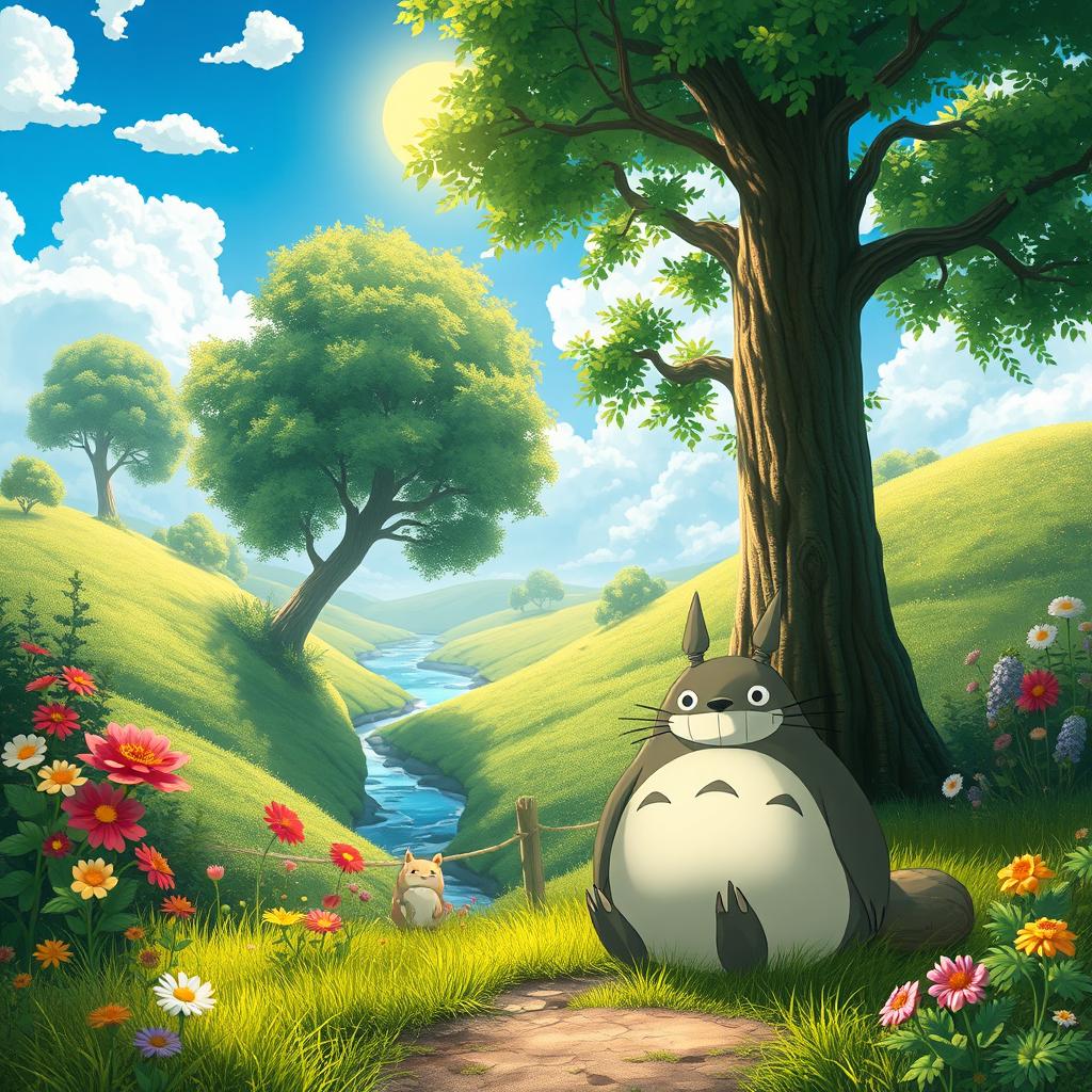 A whimsical digital art scene inspired by Studio Ghibli, showcasing lush green landscapes filled with vibrant flowers and towering trees