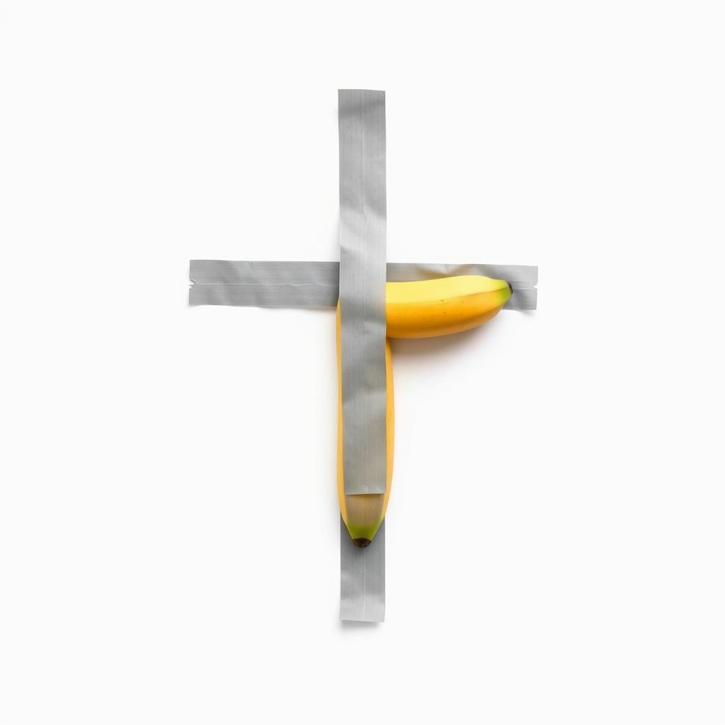 A creative photomontage depicting a banana adhered to a white wall using grey adhesive tape, styled to resemble a crucifix, symbolizing the cross of Christ