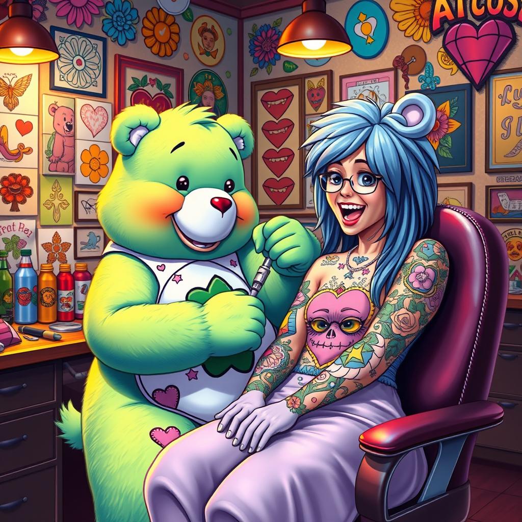 A colorful and whimsical scene featuring a Care Bear dressed as a tattoo artist