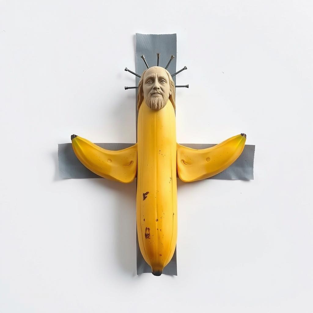 A surreal photomontage featuring a ripe banana stuck to a white wall with gray adhesive tape, resembling a cross symbol