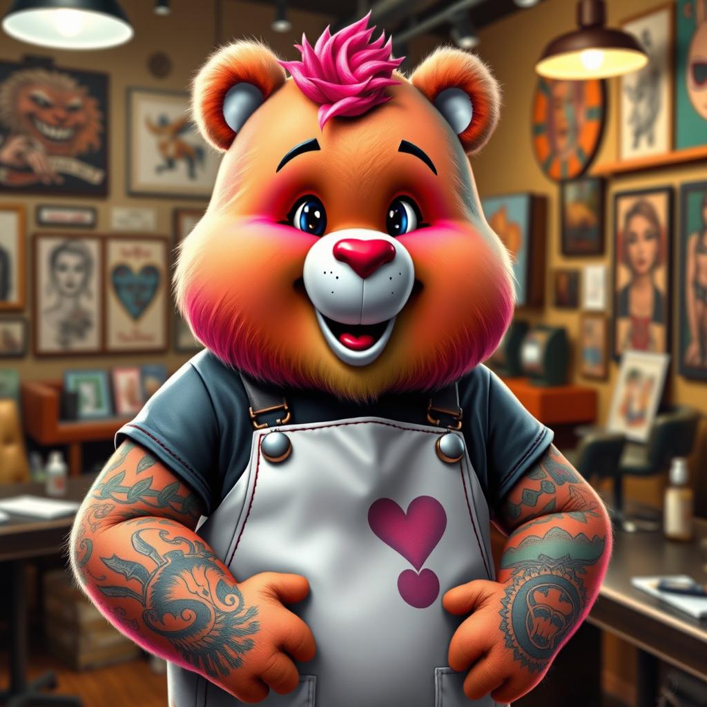 A handsome, anthropomorphized Care Bear, with vibrant colored fur and an array of tattoos covering his arms, showcasing various intricate designs
