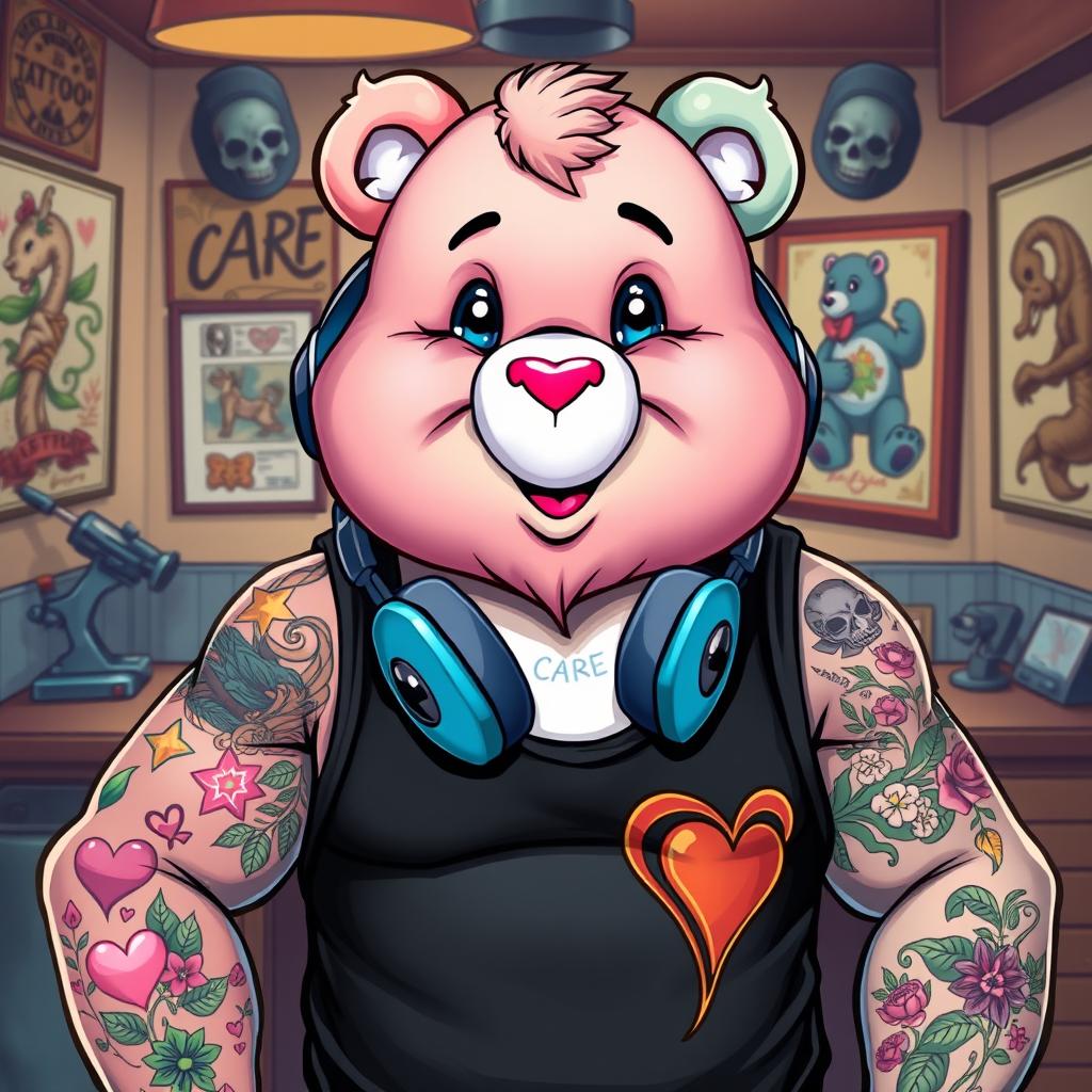A vibrant and edgy illustration of a Care Bear, transformed into a very hot and tattooed tattoo artist