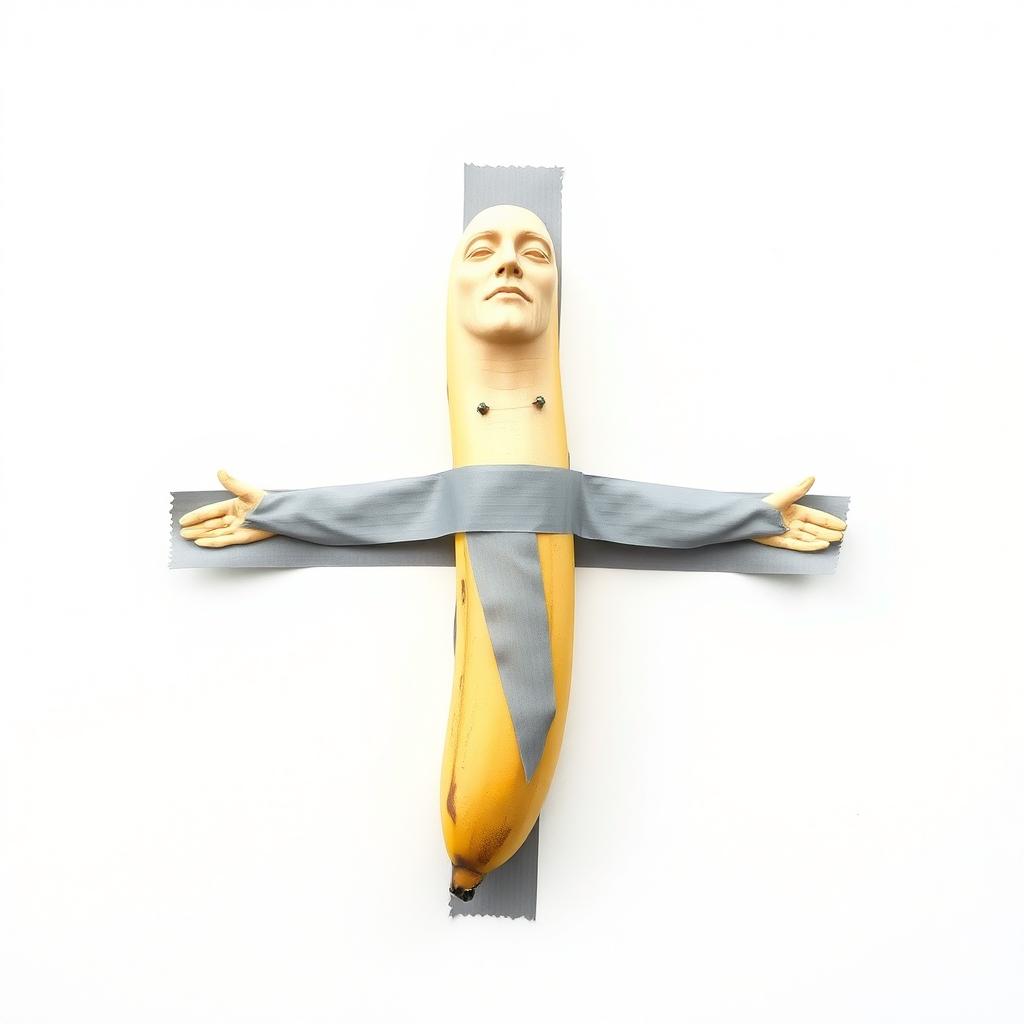 A surreal photomontage featuring a banana stuck on a white wall using grey duct tape, designed to imitate the cross of Jesus Christ