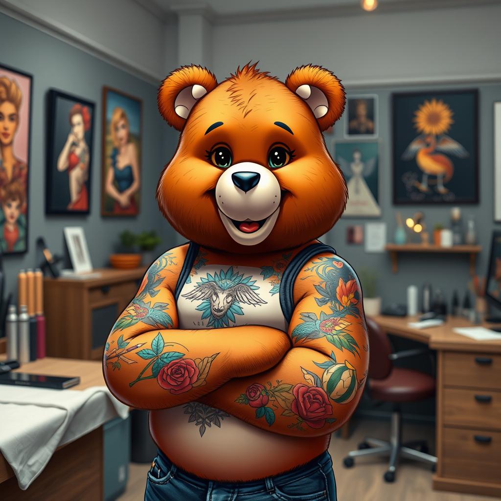A brown Care Bear, portrayed as a very stylish and attractive tattoo artist