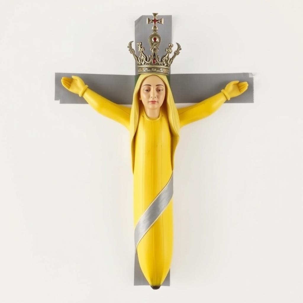 A creative photomontage featuring a banana stuck to a white wall using gray duct tape, artistically imitating the shape of the Christ cross
