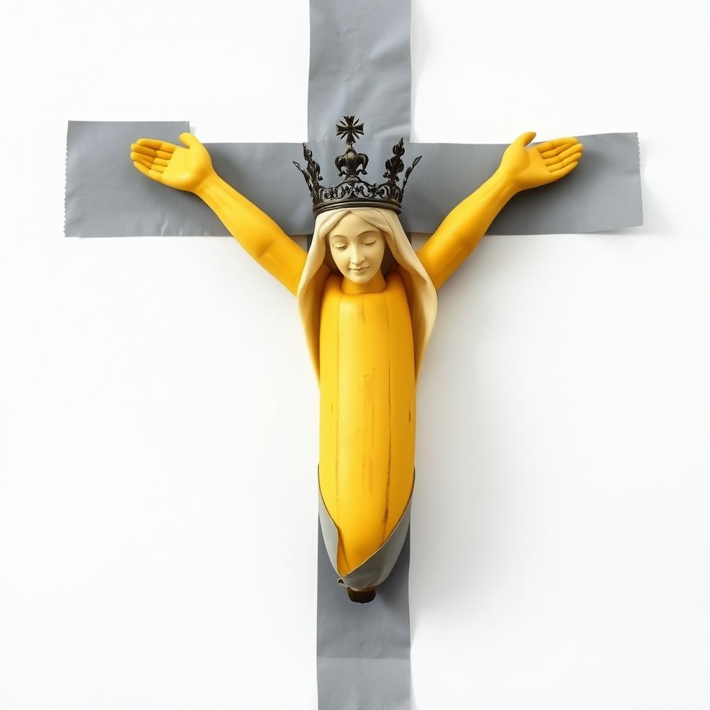 A unique and artistic image depicting a banana taped to a white wall with gray duct tape, creatively arranged to resemble the Christian cross