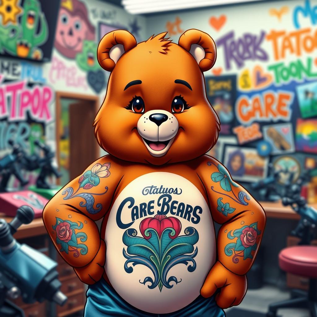 A brown, muscular Care Bear with striking features, dressed as a charismatic tattoo artist