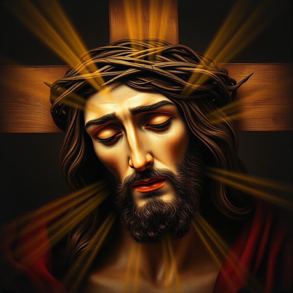 A photomontage featuring the face of Christ, adorned with a crown of thorns