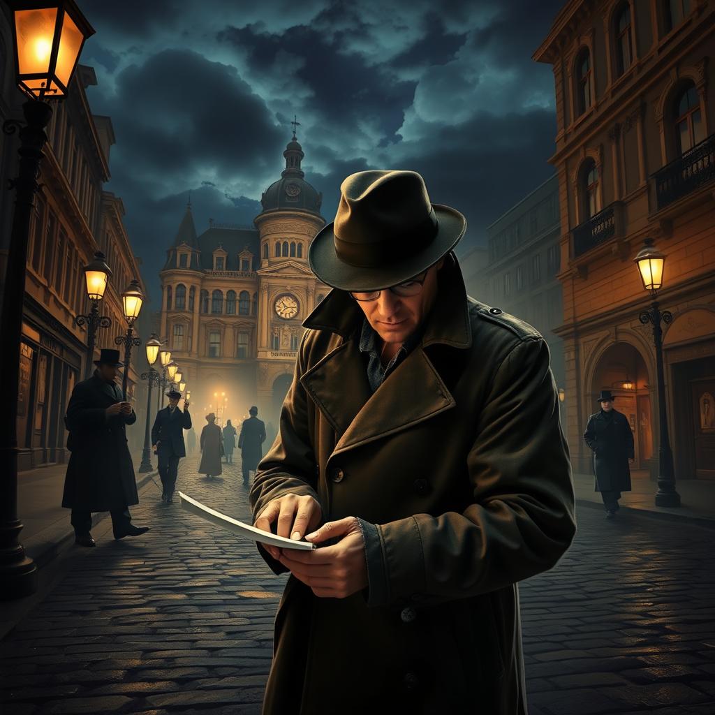 A thrilling and suspenseful scene set in a historic setting, featuring an enigmatic detective in a classic trench coat investigating a mysterious crime