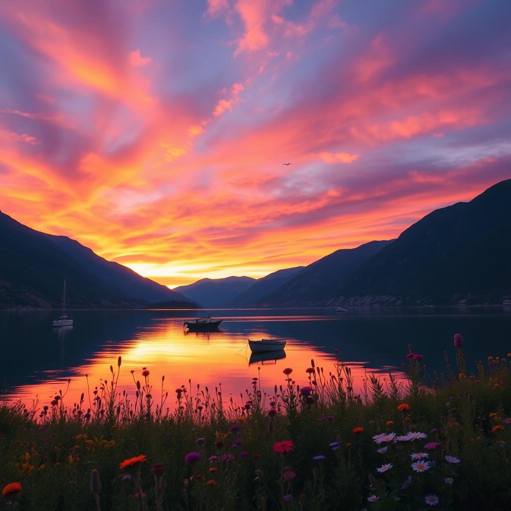 A serene landscape at sunset, showcasing a peaceful lake surrounded by majestic mountains