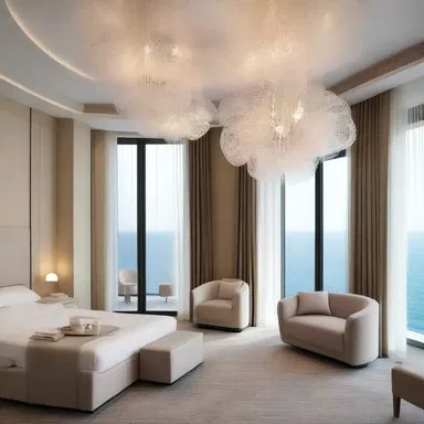 The luxurious sea-themed hotel had anemone-shaped chandeliers hanging from the ceiling.