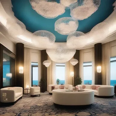 The luxurious sea-themed hotel had anemone-shaped chandeliers hanging from the ceiling.