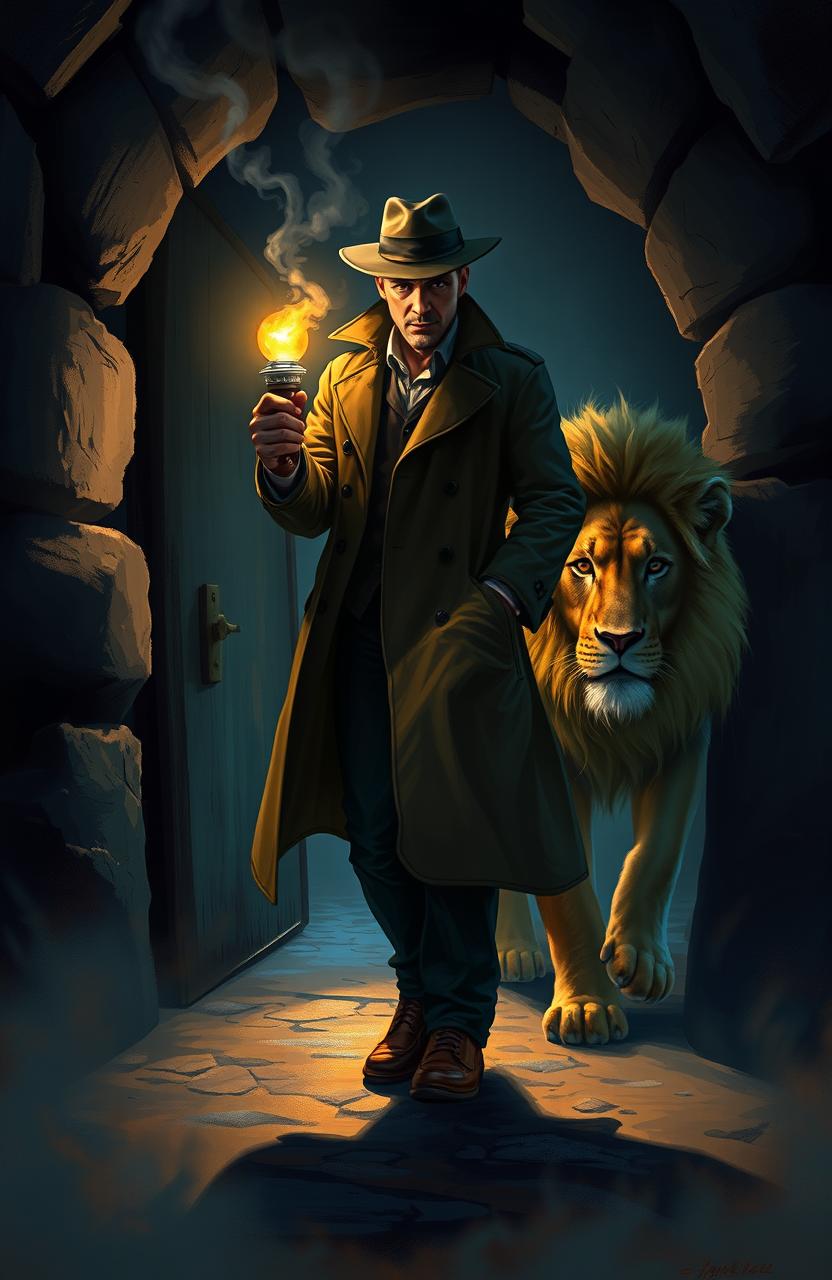 A captivating digital painting of a detective with sharp features, wearing a trench coat and fedora, stepping out of a mysterious den
