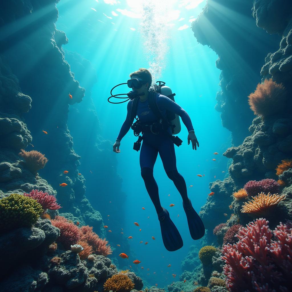 A realistic depiction of a scuba diver exploring the vibrant underwater world