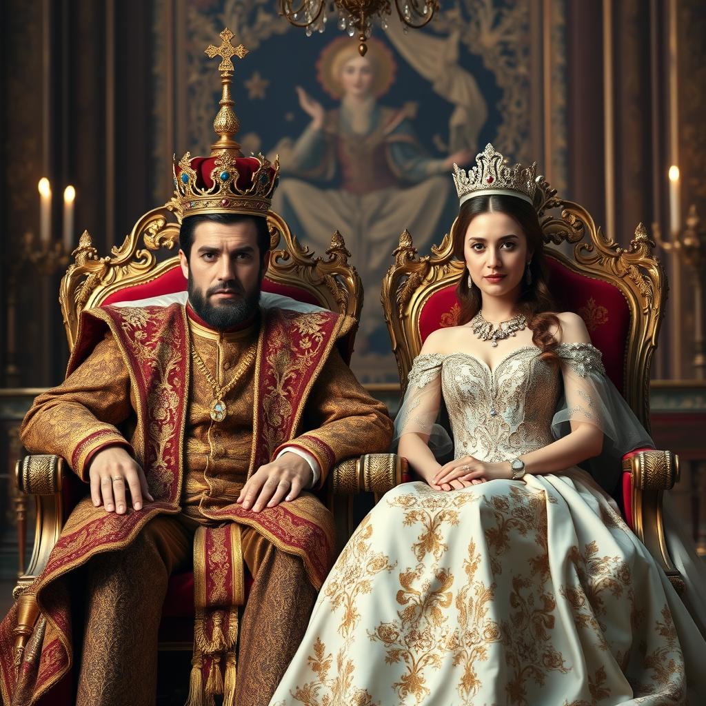 A royal scene depicting a majestic king and queen seated on ornate thrones, adorned in luxurious garments with intricate details