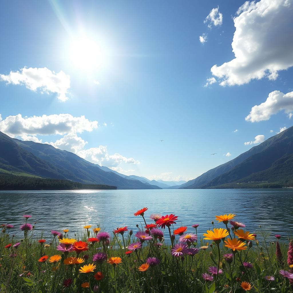 A serene landscape featuring a tranquil lake surrounded by lush green mountains under a bright blue sky dotted with fluffy white clouds