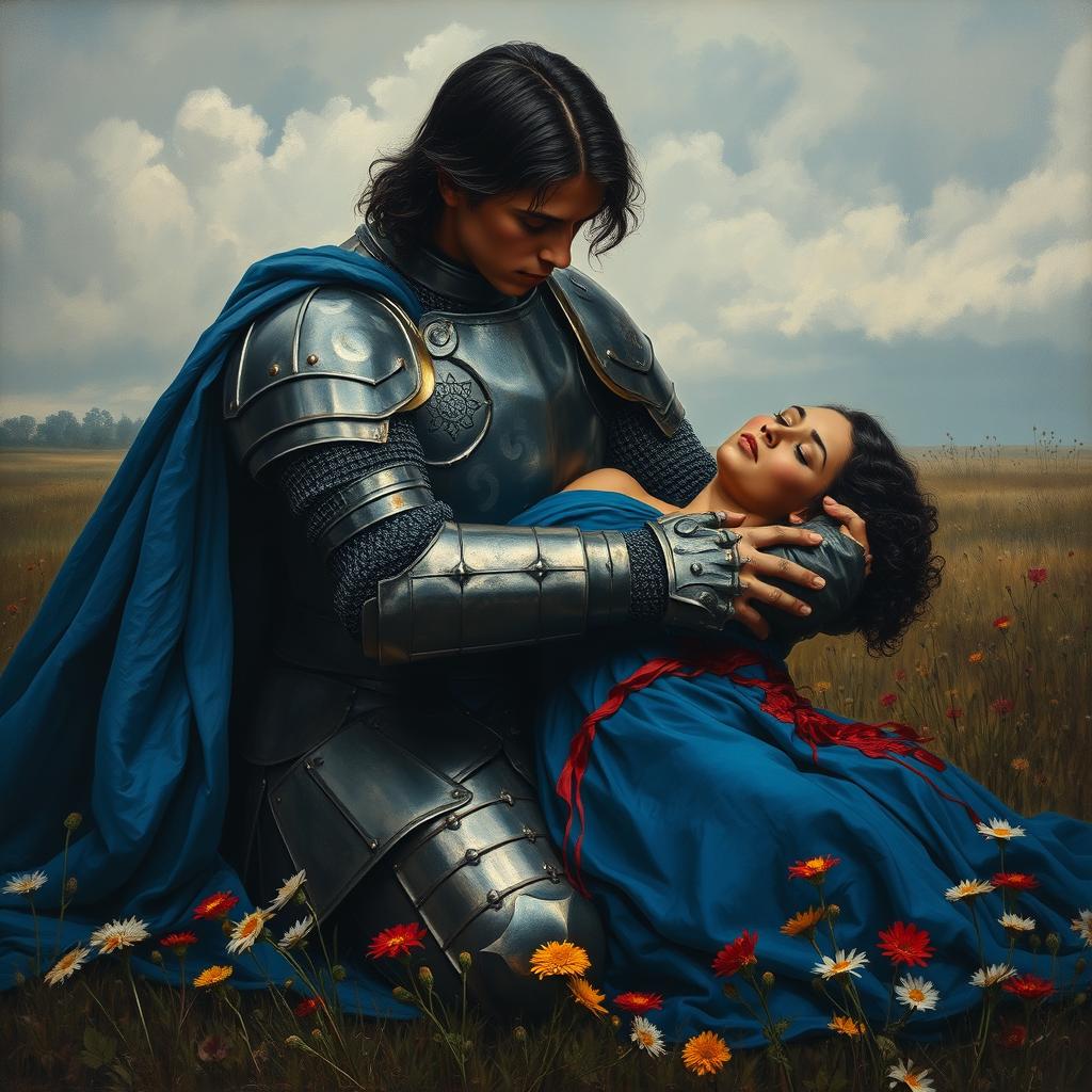 An oil painting in the style of Romantic period art, depicting a grief-stricken knight kneeling in a somber meadow filled with wilting wildflowers under an overcast sky