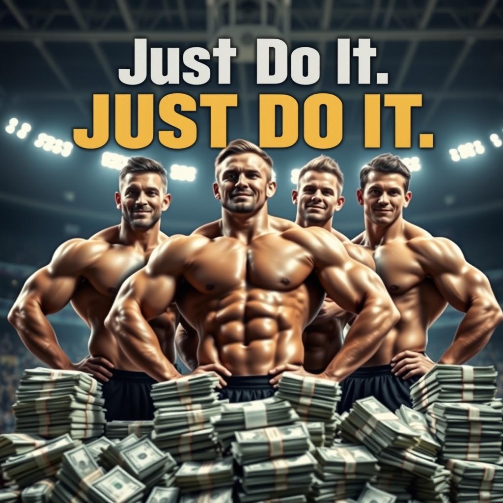 A motivational sports scene featuring four strong, athletic men, showcasing camaraderie and determination