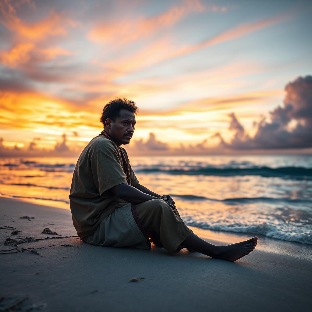 A contemplative portrayal of a typical Solomon Islander, depicting a man in a depressed state, sitting alone on a beach at sunset