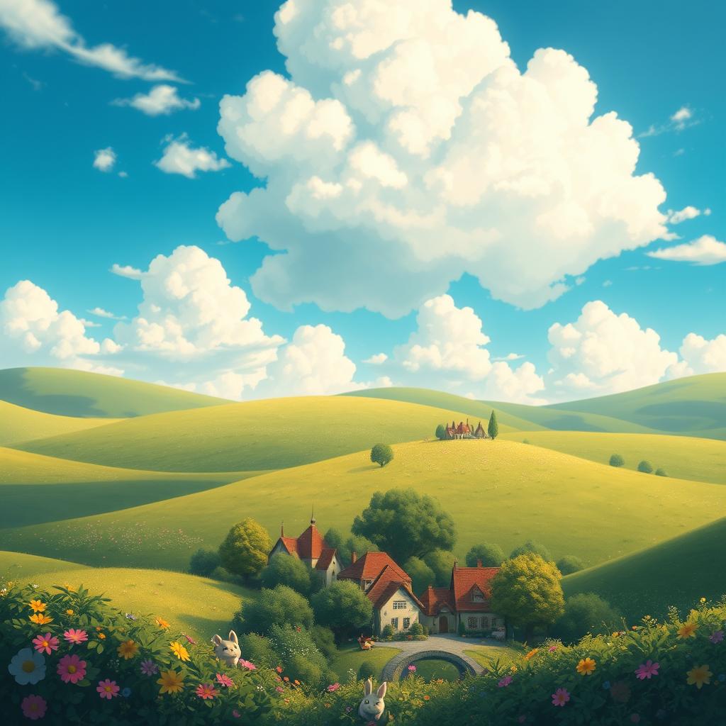 A whimsical landscape inspired by Studio Ghibli, featuring rolling green hills, vibrant flowers, and a bright blue sky filled with fluffy white clouds