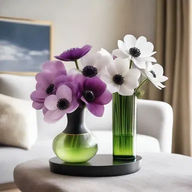 The elegant living room was adorned with a beautiful anemone vase, adding a touch of nature to the modern space.