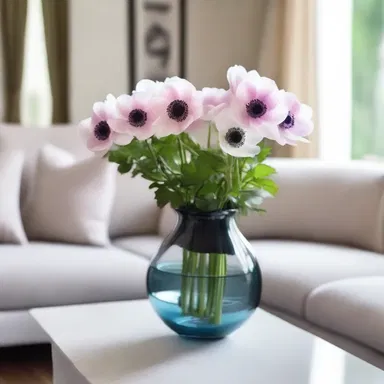 The elegant living room was adorned with a beautiful anemone vase, adding a touch of nature to the modern space.