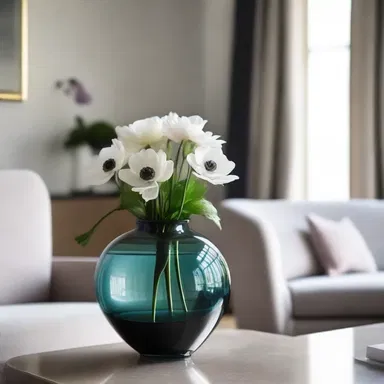 The elegant living room was adorned with a beautiful anemone vase, adding a touch of nature to the modern space.