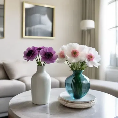 The elegant living room was adorned with a beautiful anemone vase, adding a touch of nature to the modern space.