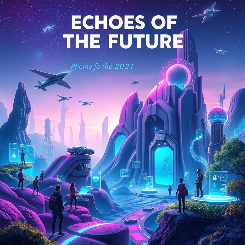 A visually striking presentation titled 'Echoes of the Future', featuring a futuristic landscape with advanced technology elements like holograms and floating digital displays