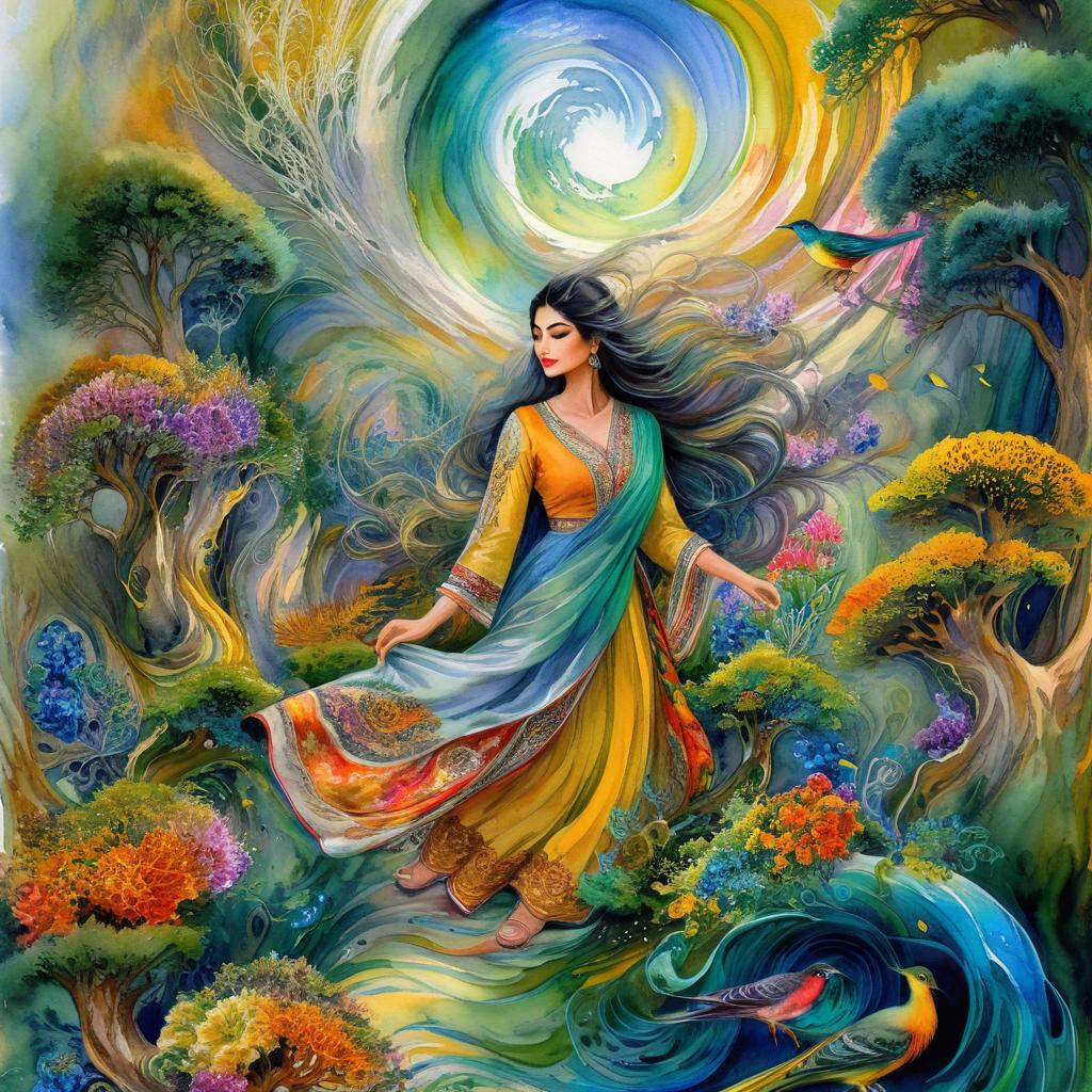 A mystical and spiritual watercolor painting of a beautiful Iranian woman standing inside a beautiful Iranian home amidst a swirl of colorful flowers, a maze of asymmetrical bonsai trees, cypress trees, grapevines, a whirlwind of beautiful little birds, and silk carpets in shades of green, blue, and yellow.