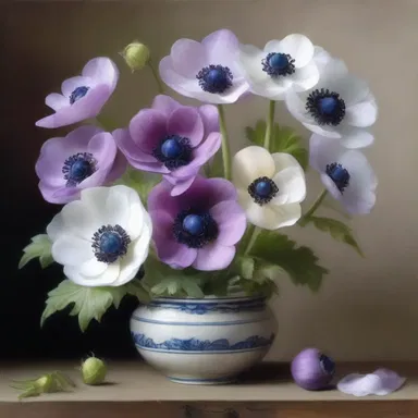 The artist meticulously painted a still life of anemones, skillfully capturing the intricate details of their petals and leaves.
