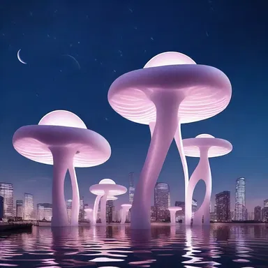 In the futuristic city, floating anemone-shaped structures illuminated the night sky, creating a surreal atmosphere.