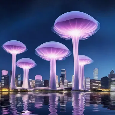 In the futuristic city, floating anemone-shaped structures illuminated the night sky, creating a surreal atmosphere.