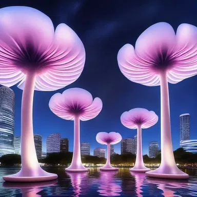 In the futuristic city, floating anemone-shaped structures illuminated the night sky, creating a surreal atmosphere.