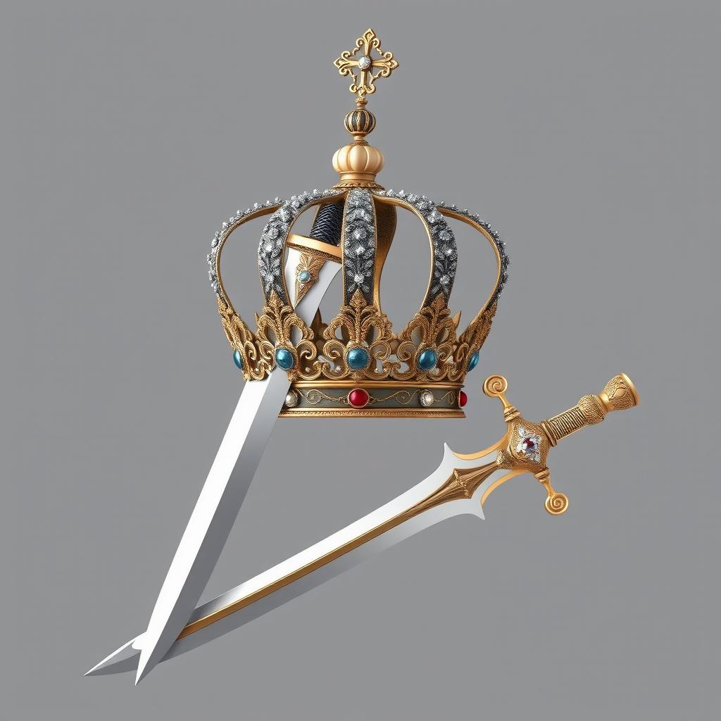 A beautifully designed crown and an ornate sword elegantly displayed together, featuring intricate details and rich decorations